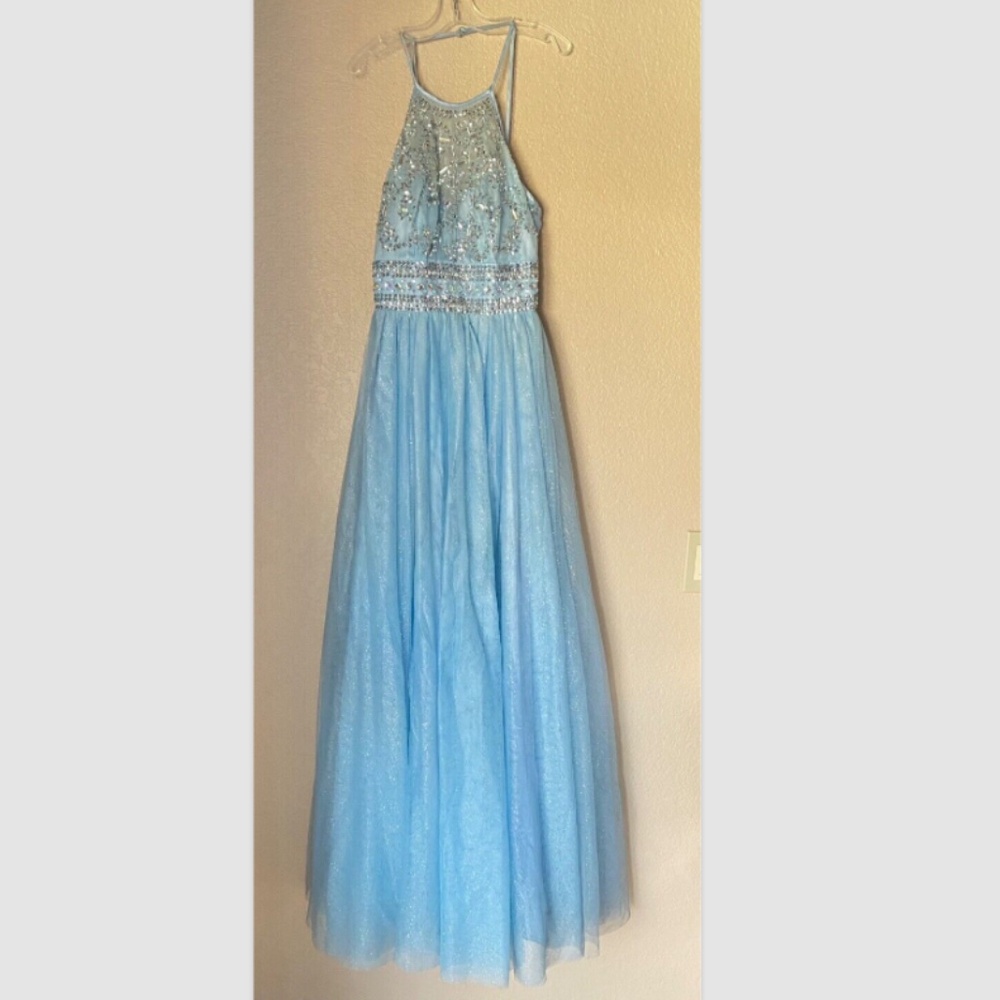 Windsor Dress Sz S Light blue with beaded bodice halter top maxi princess prom